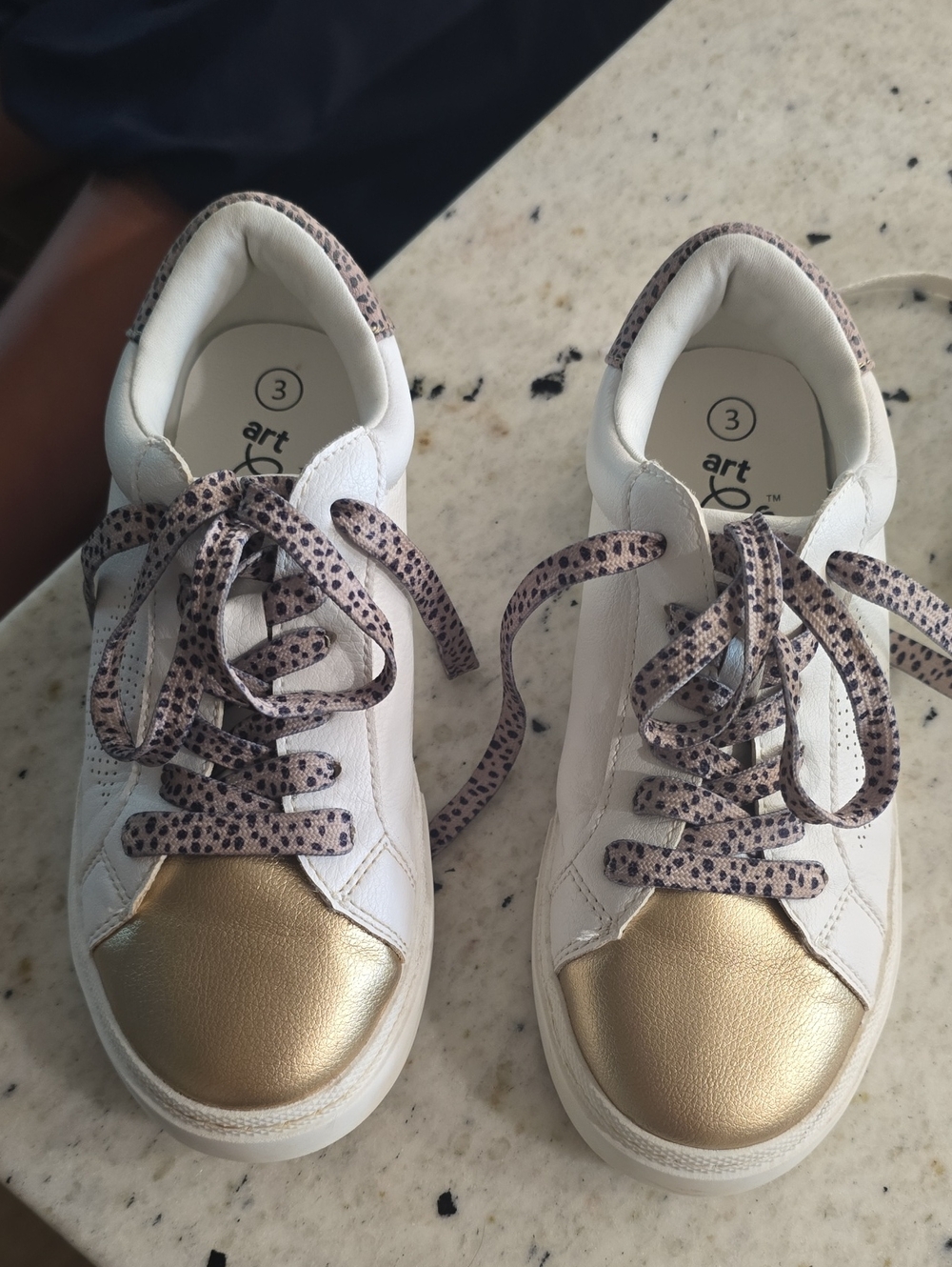 art class White Sneakers with Gold Toe and Leopard-Print Laces